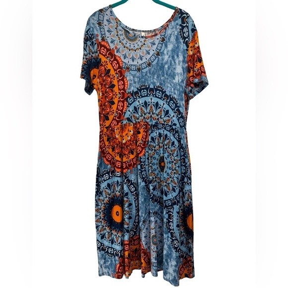 DB Moon Blue Orange Short Sleeve Dress Size L NWT - Picture 1 of 15